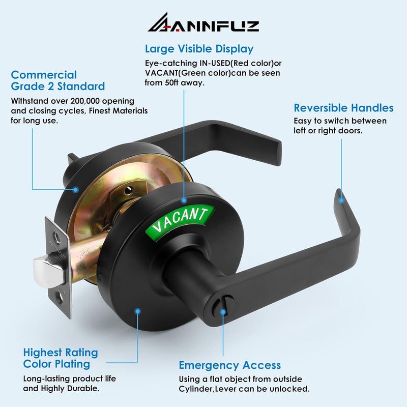 ANNFUZ Vacant Occupied Bathroom Door Handle Lock,Keyless Privacy Lever Lock with Large Indicator in-Use Sign,ANSI Grade 2 Commercial Grade Doorknob,for Public Restrooms Office Hospital(Matte Black) - Image 3